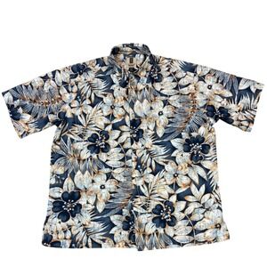 Tori Richard Honolulu Mens XL Floral Palm Cotton Hawaiian Shirt Navy Blue USA